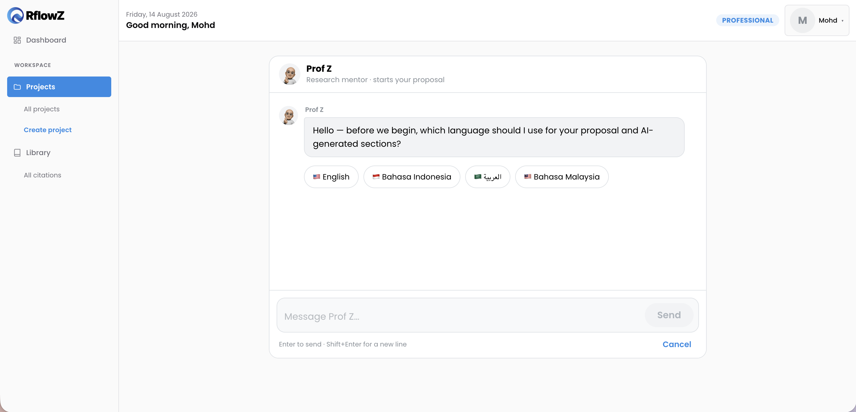 RflowZ Ask Prof Z onboarding chat to start a research proposal