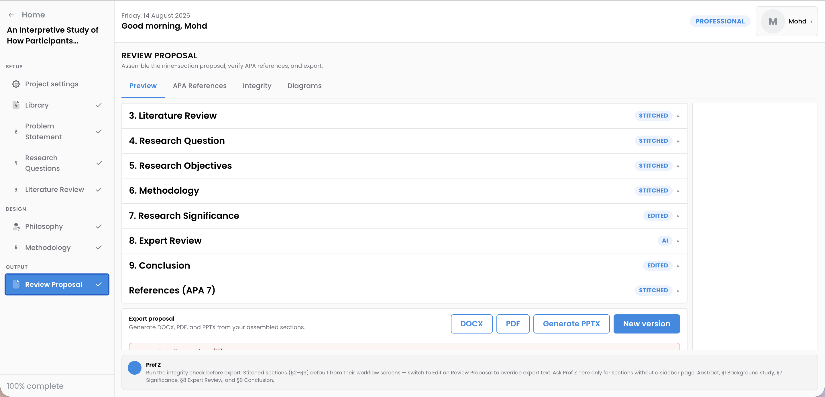 Step 4: Export your finished research proposal from RflowZ
